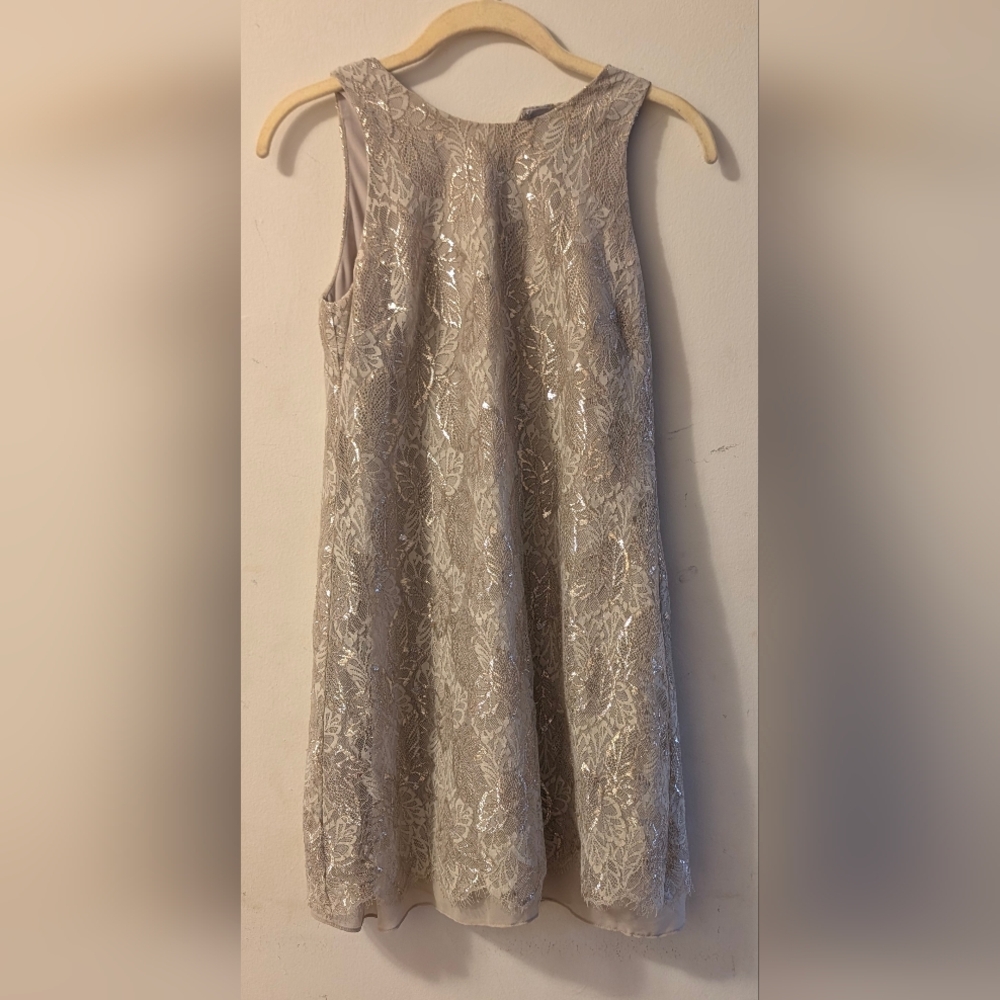 Lauren Ralph Lauren Petite Lace Overlay Dress in Light Beige with Sequin Detail